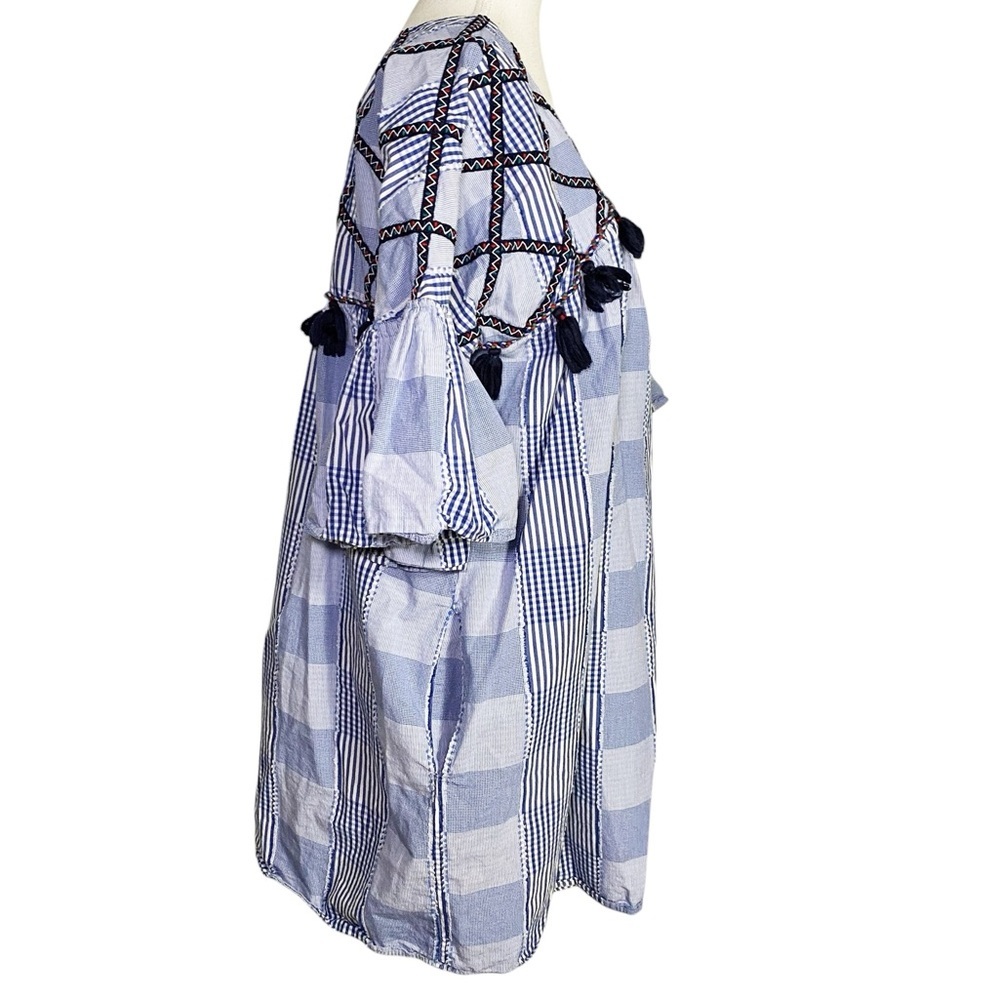 Maeve Blue and White Plaid Patchwork Mini Dress - Picture 3 of 16